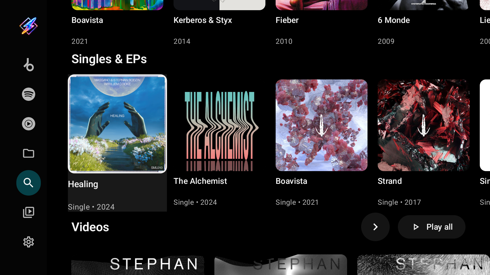 The artist's Singles & EPs and Videos shelves