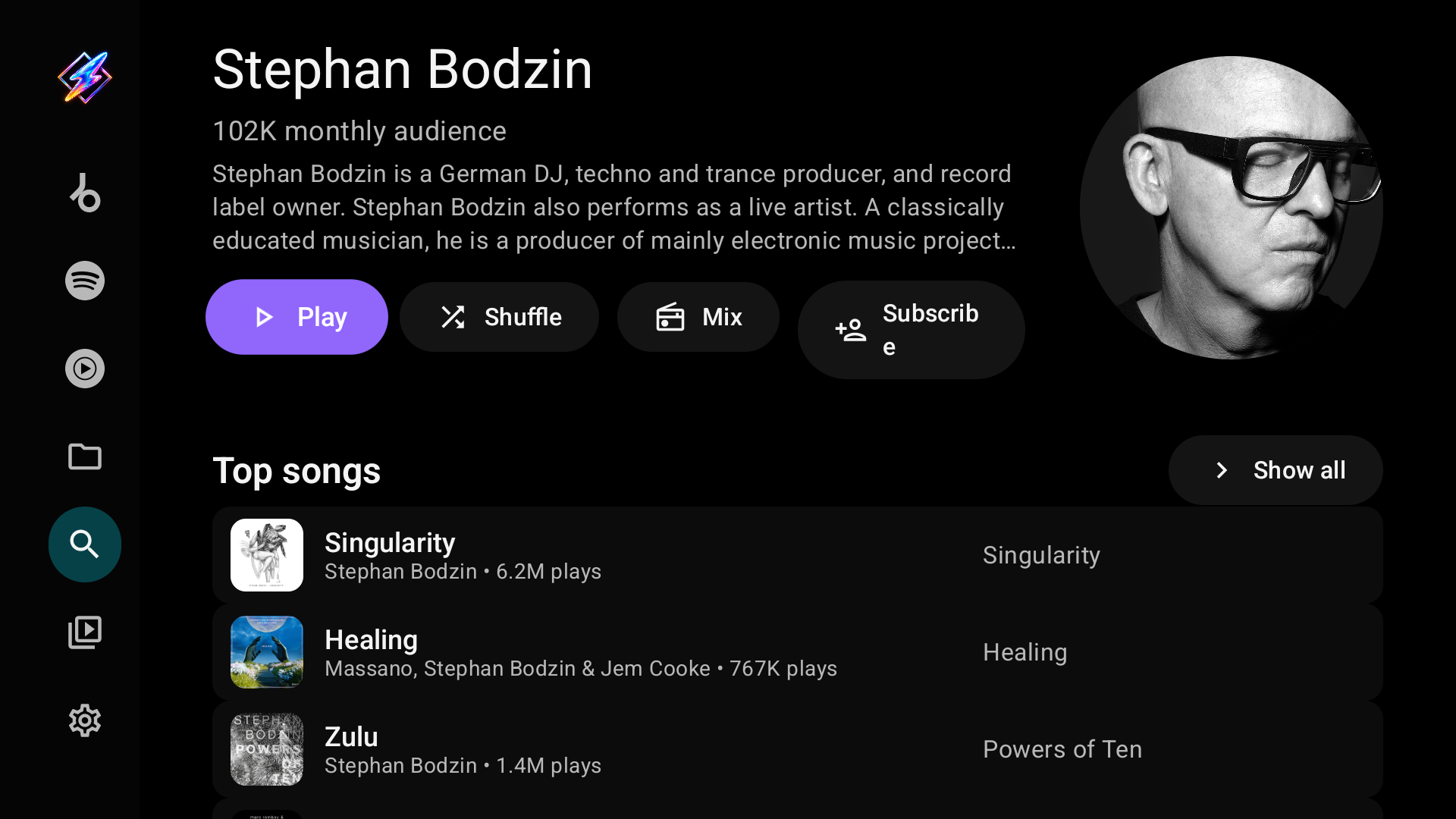 A YouTube Music artist page with portrait, buttons and Top songs