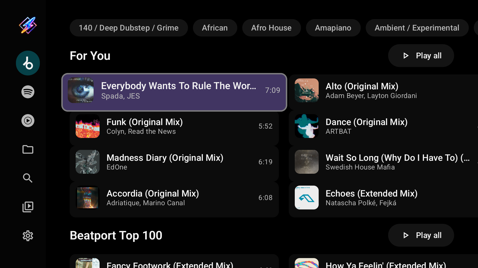 Beatport Home with genre chips, For You and the Top 100