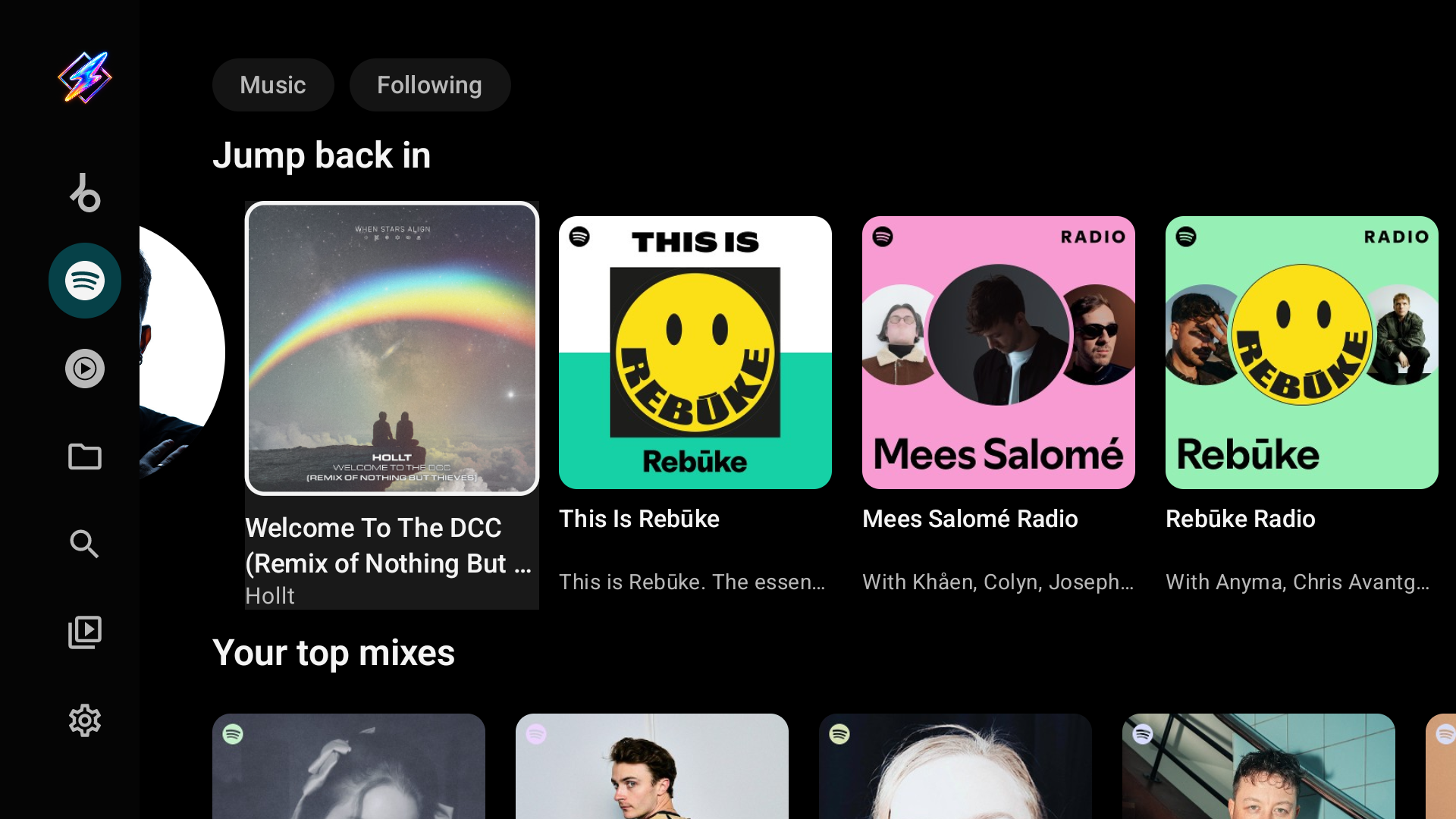 Spotify Home with Jump back in and Your top mixes