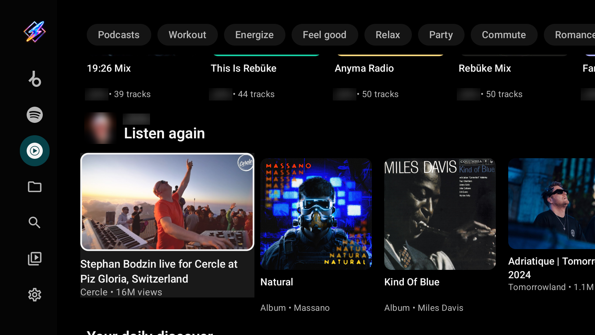 YouTube Music Home with mood chips and the Listen again shelf