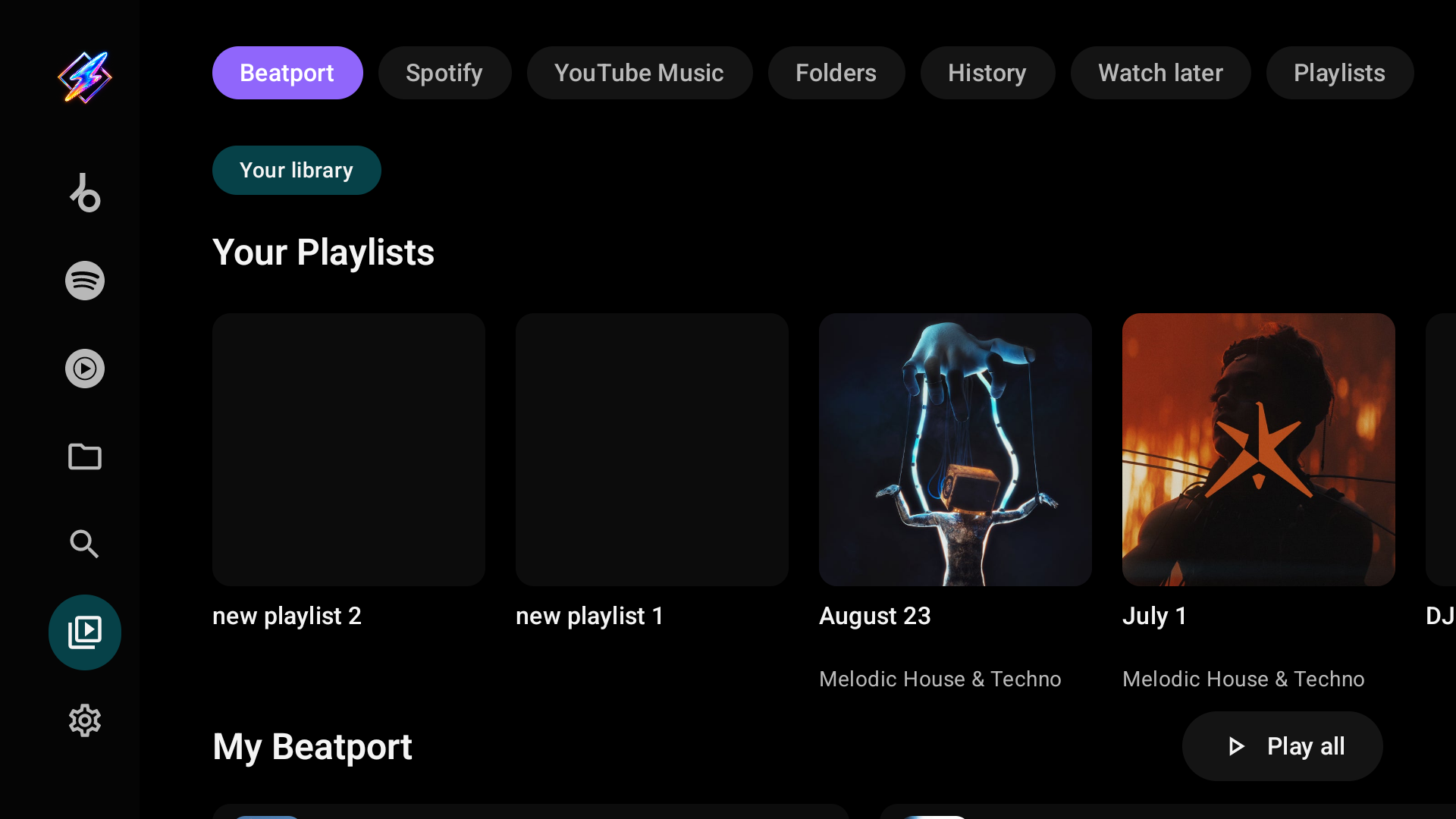 Library with a chip for each signed-in provider, then Folders, History, Watch later and Playlists