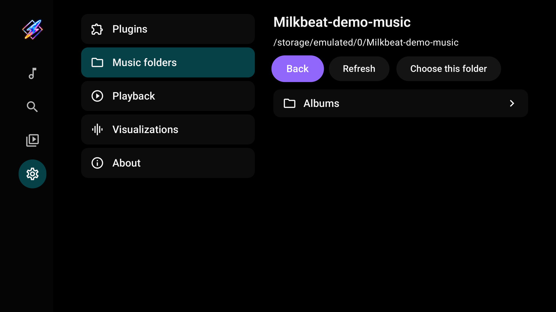 The D-pad folder browser with Back, Refresh and Choose this folder