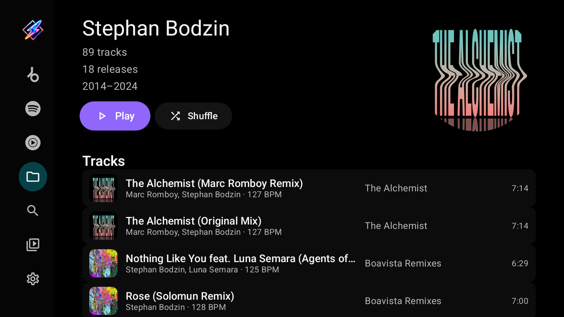 A local artist page with track and release counts, Play and Shuffle