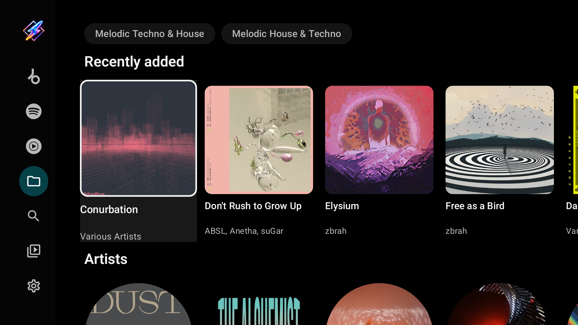The Local library tab with genre chips, Recently added and Artists