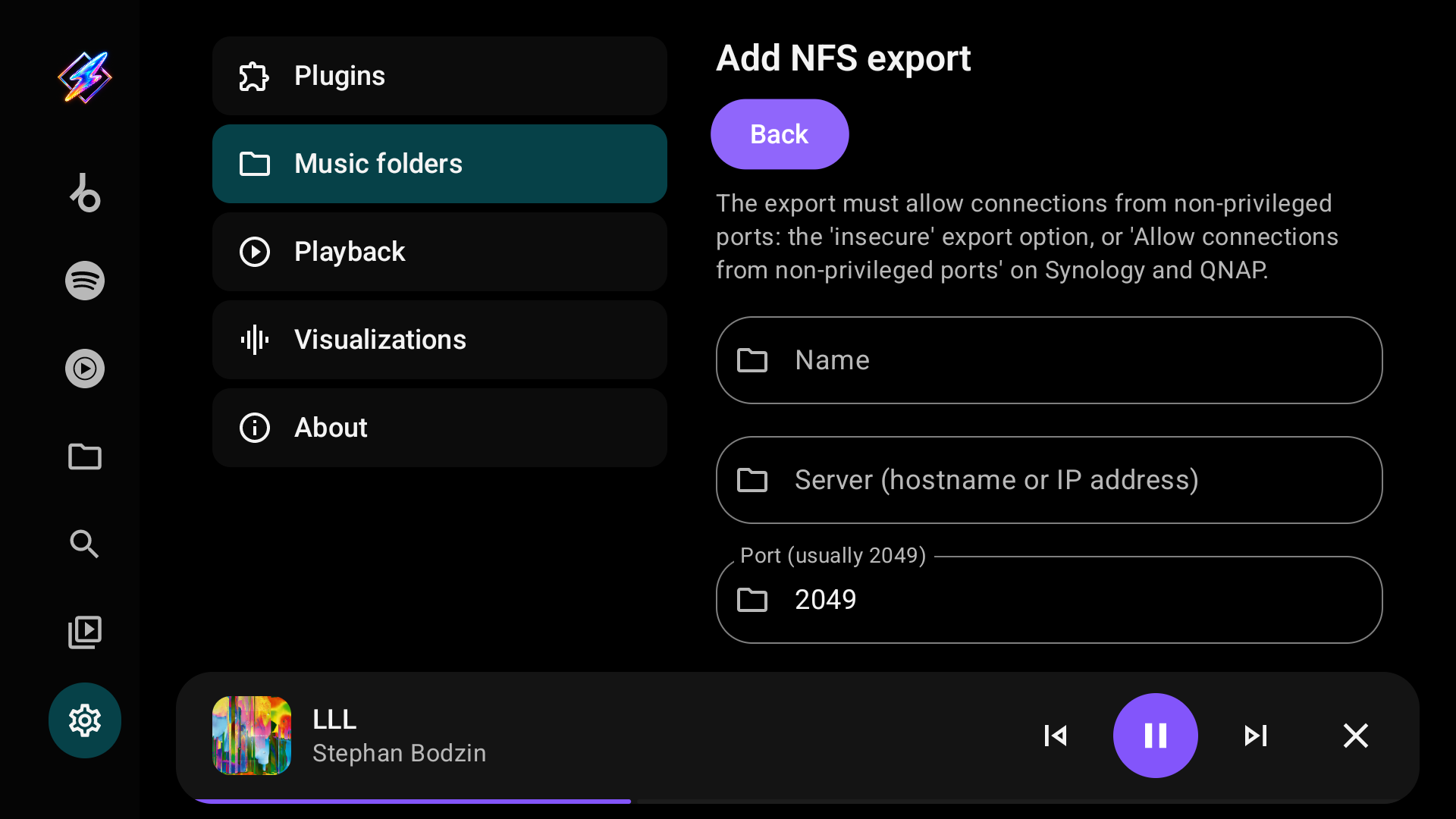 NFS editor with the non-privileged port hint, server, port and export fields