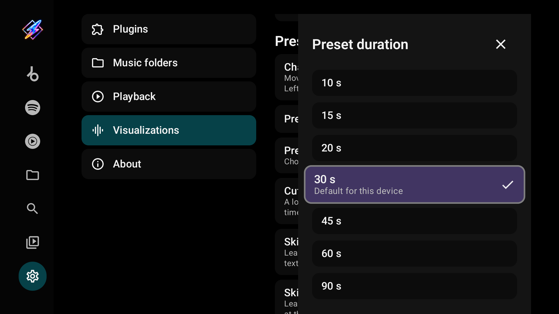 Preset duration picker with 30 s marked as the default