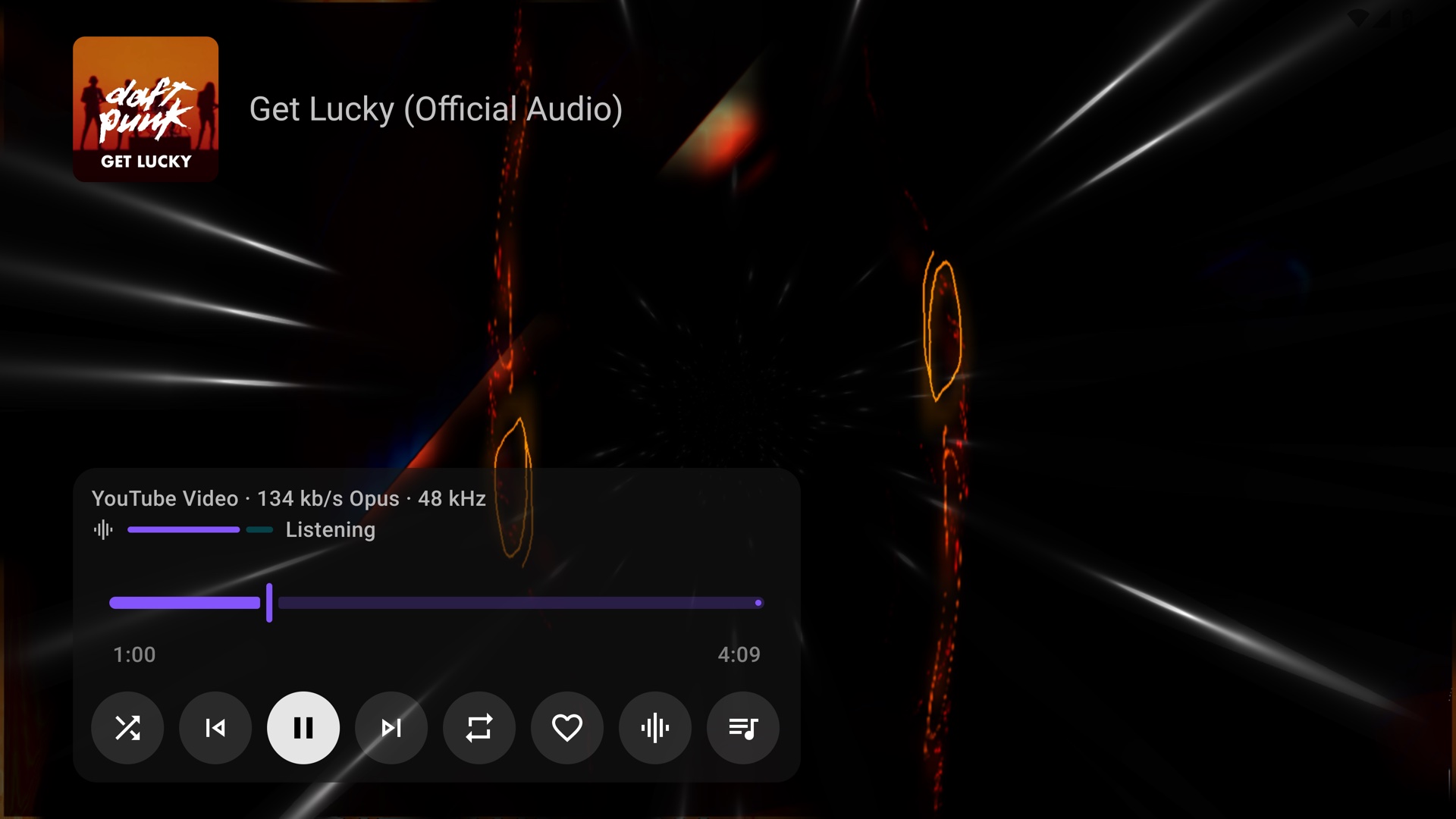 The controls with the audio quality line: YouTube Video · 134 kb/s Opus · 48 kHz