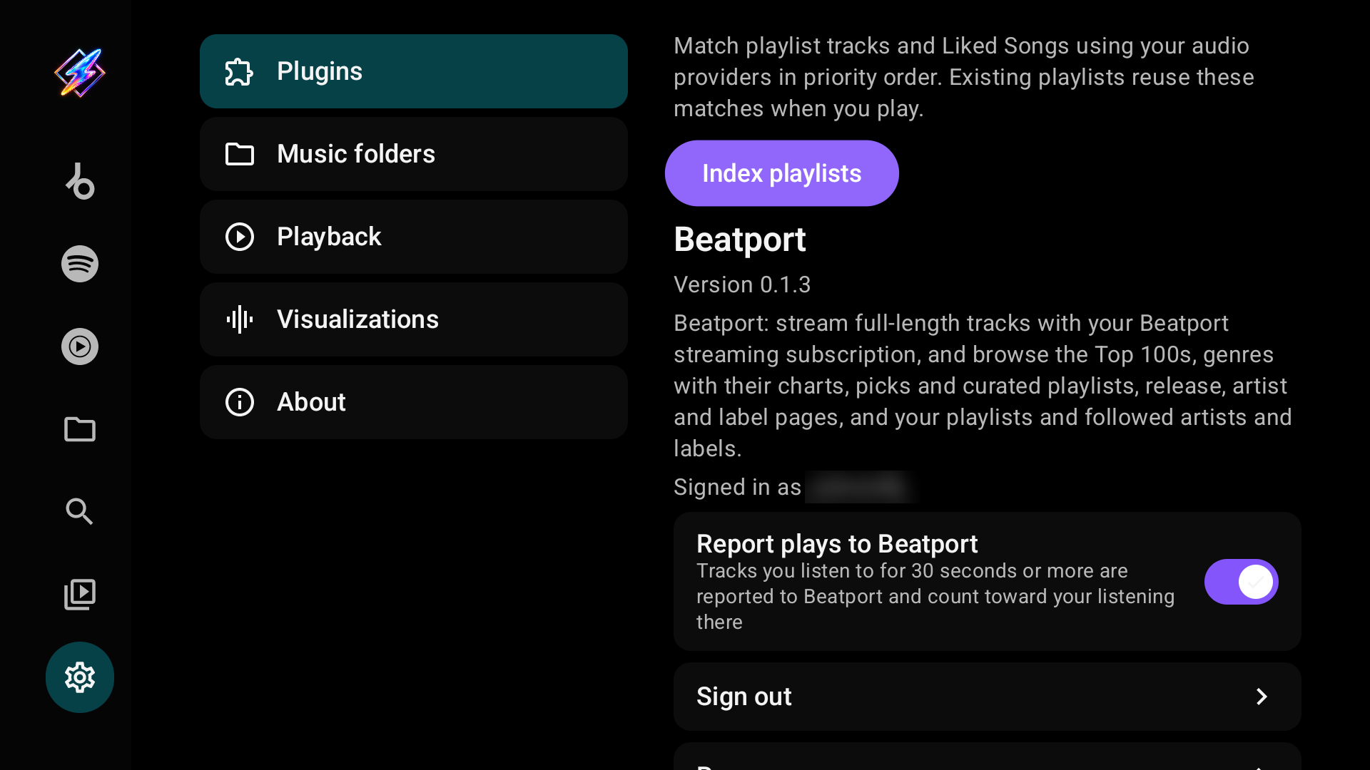 Beatport details: Index playlists, version, Signed in as, Report plays to Beatport, Sign out and Remove