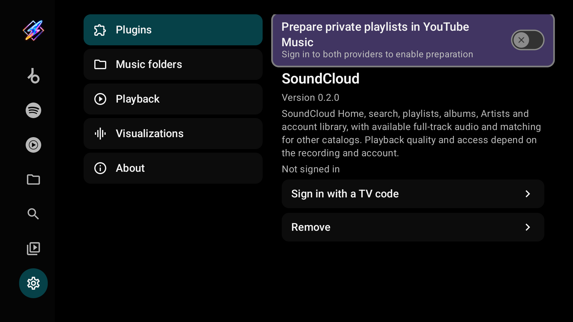 SoundCloud details while not signed in: Sign in with a TV code and Remove
