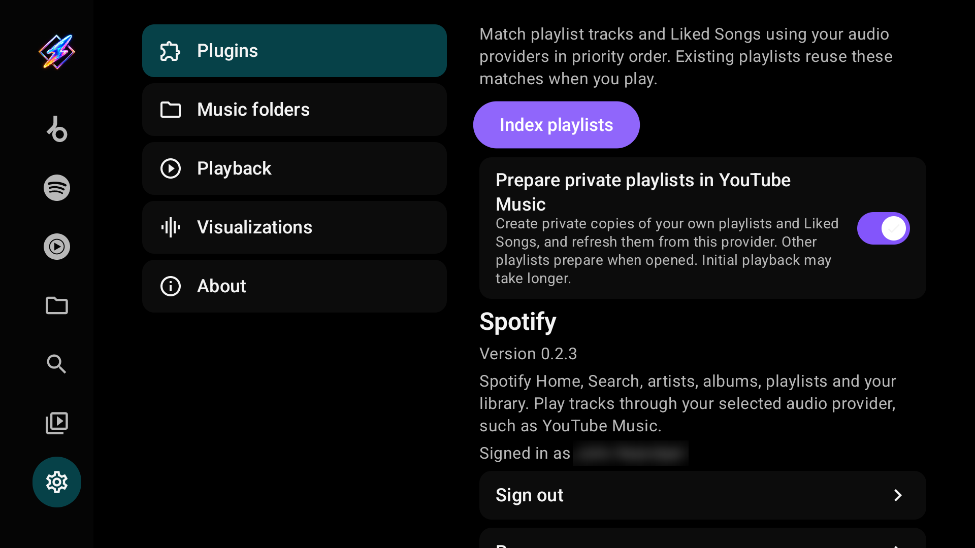 Spotify details: Index playlists, version, Signed in as and Sign out