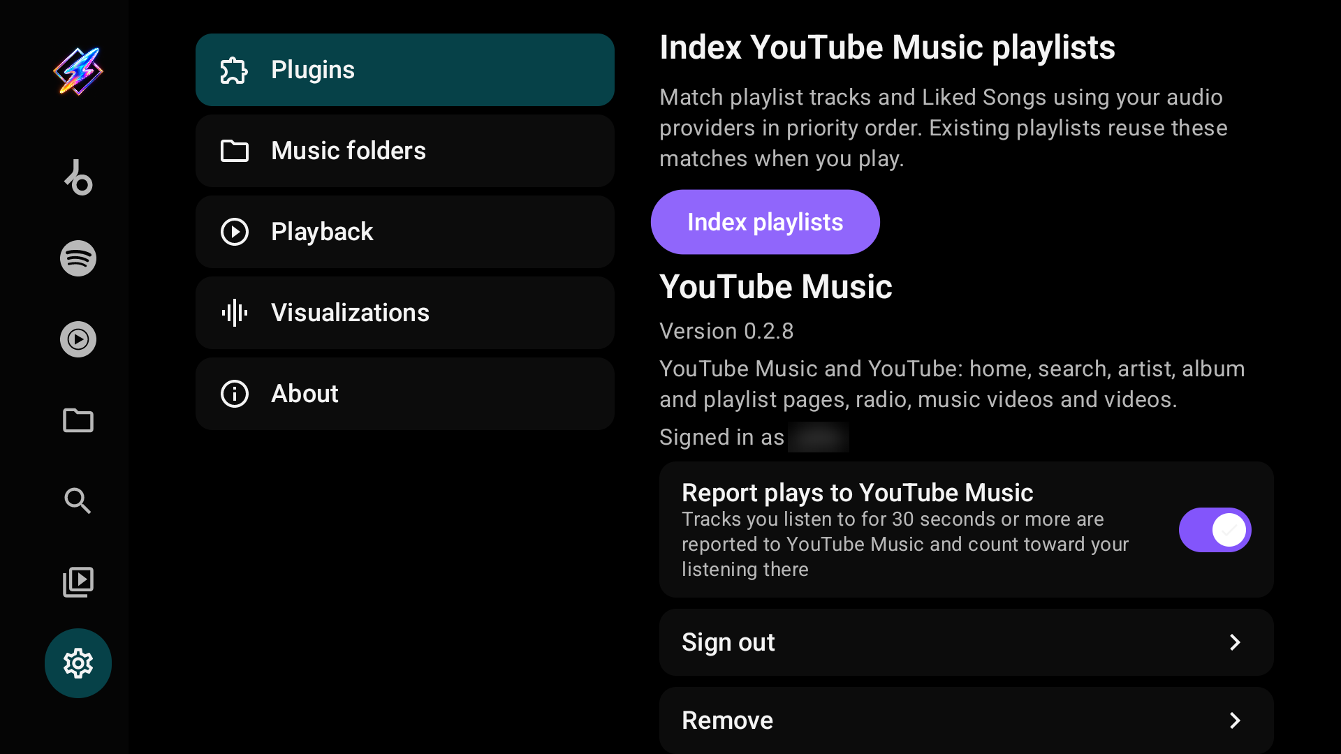 The retired YouTube Music plugin's details with Index playlists and Report plays