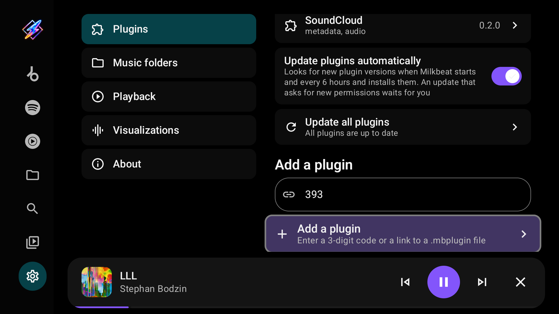 Beatport's code 393 entered above Add a plugin
