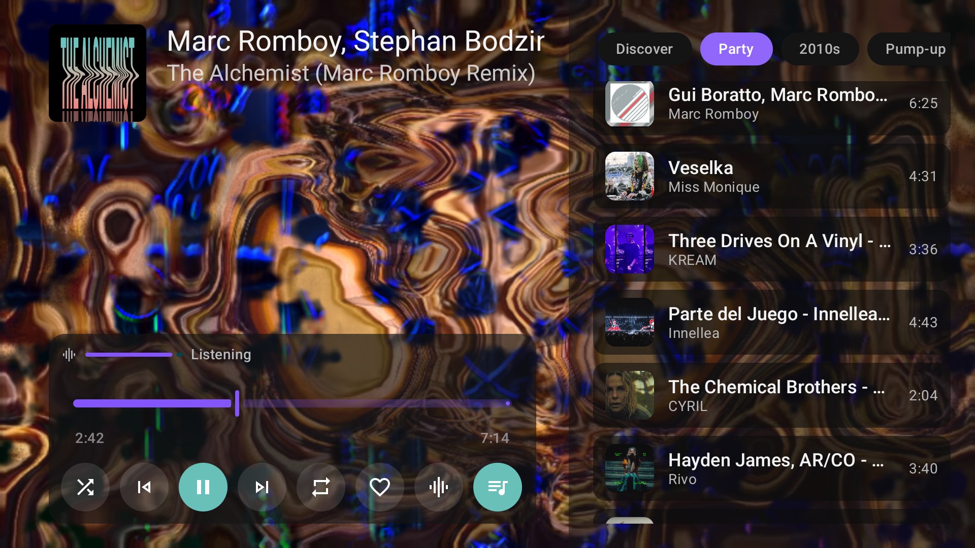 Focus on the Party radio preset above the queue
