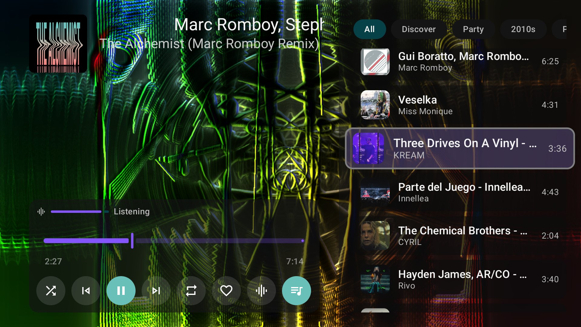 The queue beside the player, with the radio presets pinned above it