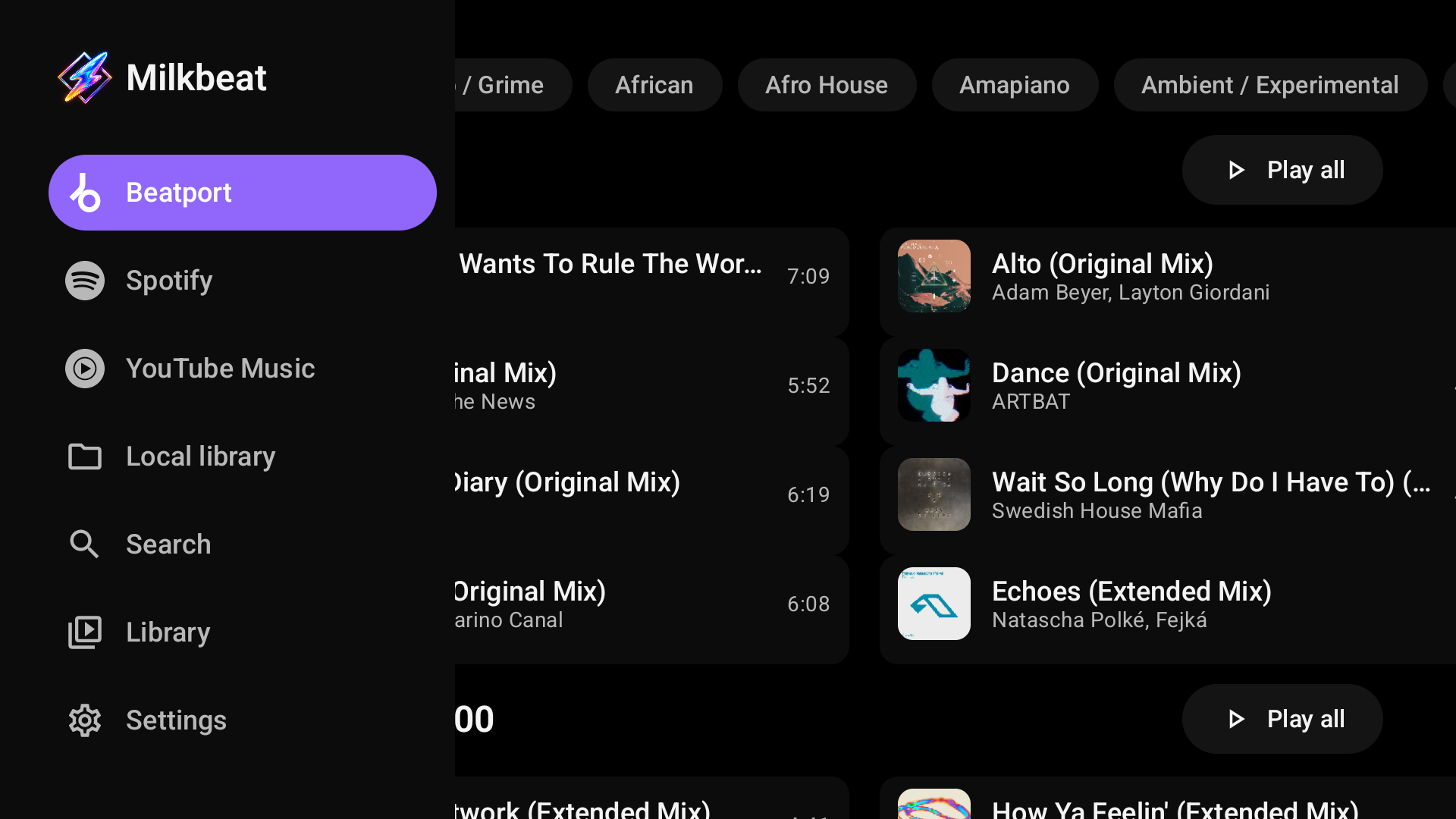 The expanded sidebar: Beatport, Spotify, YouTube Music and Local library tabs above Search, Library and Settings