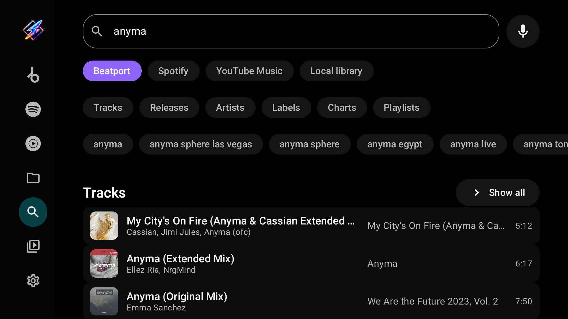 Beatport search with Tracks, Releases, Artists, Labels, Charts and Playlists filters