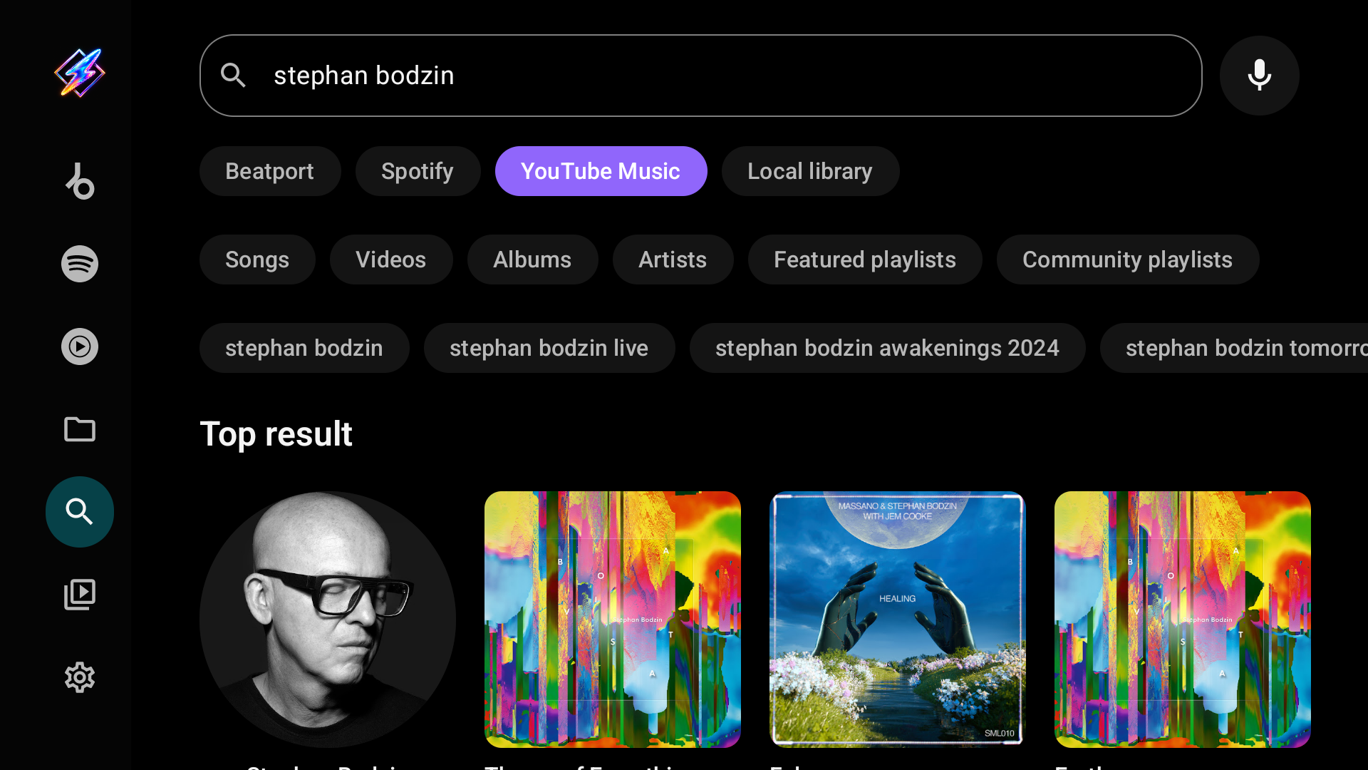 YouTube Music search with filters, suggestions and the top result
