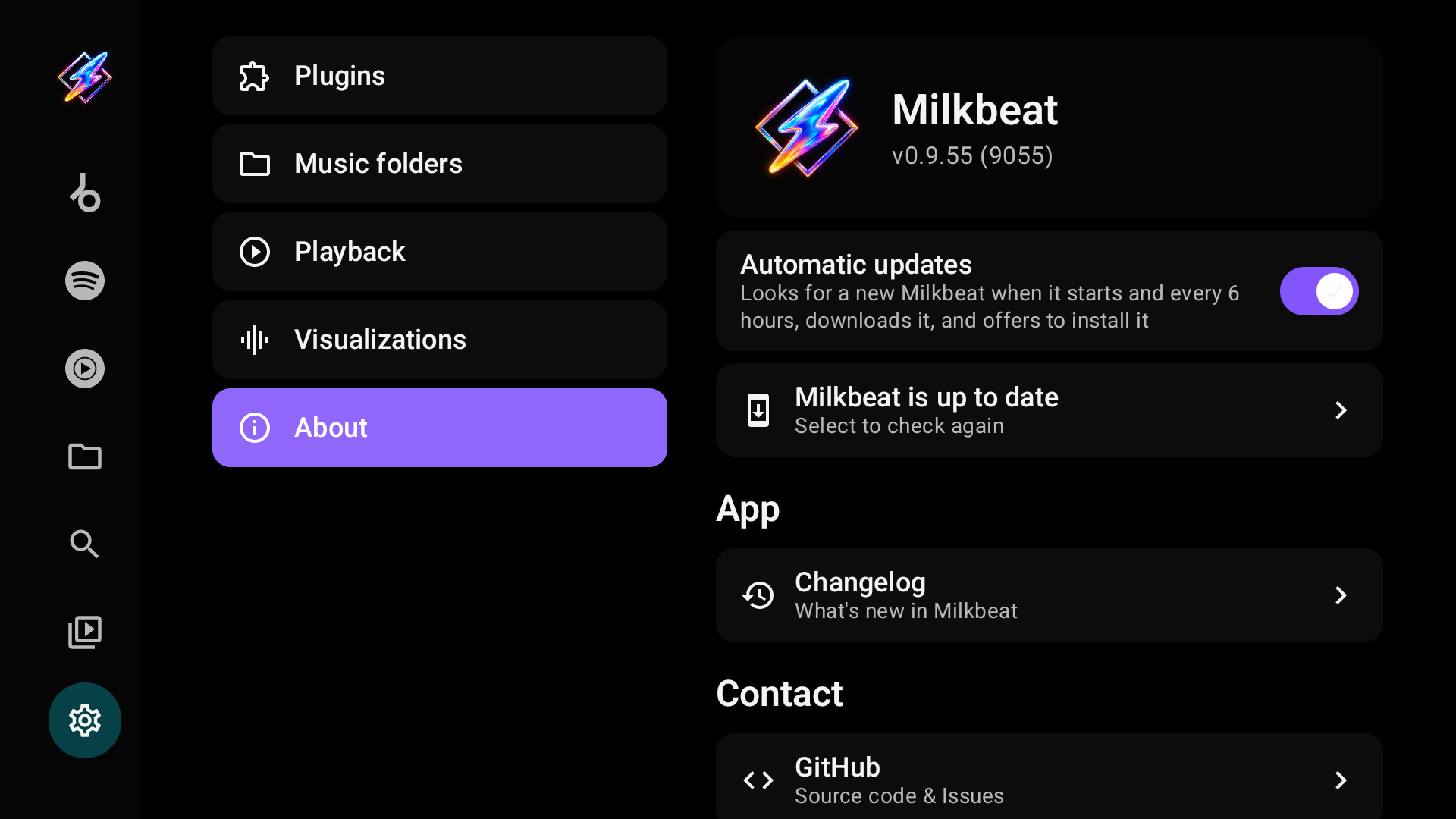 About: version, Automatic updates, update status, Changelog and GitHub