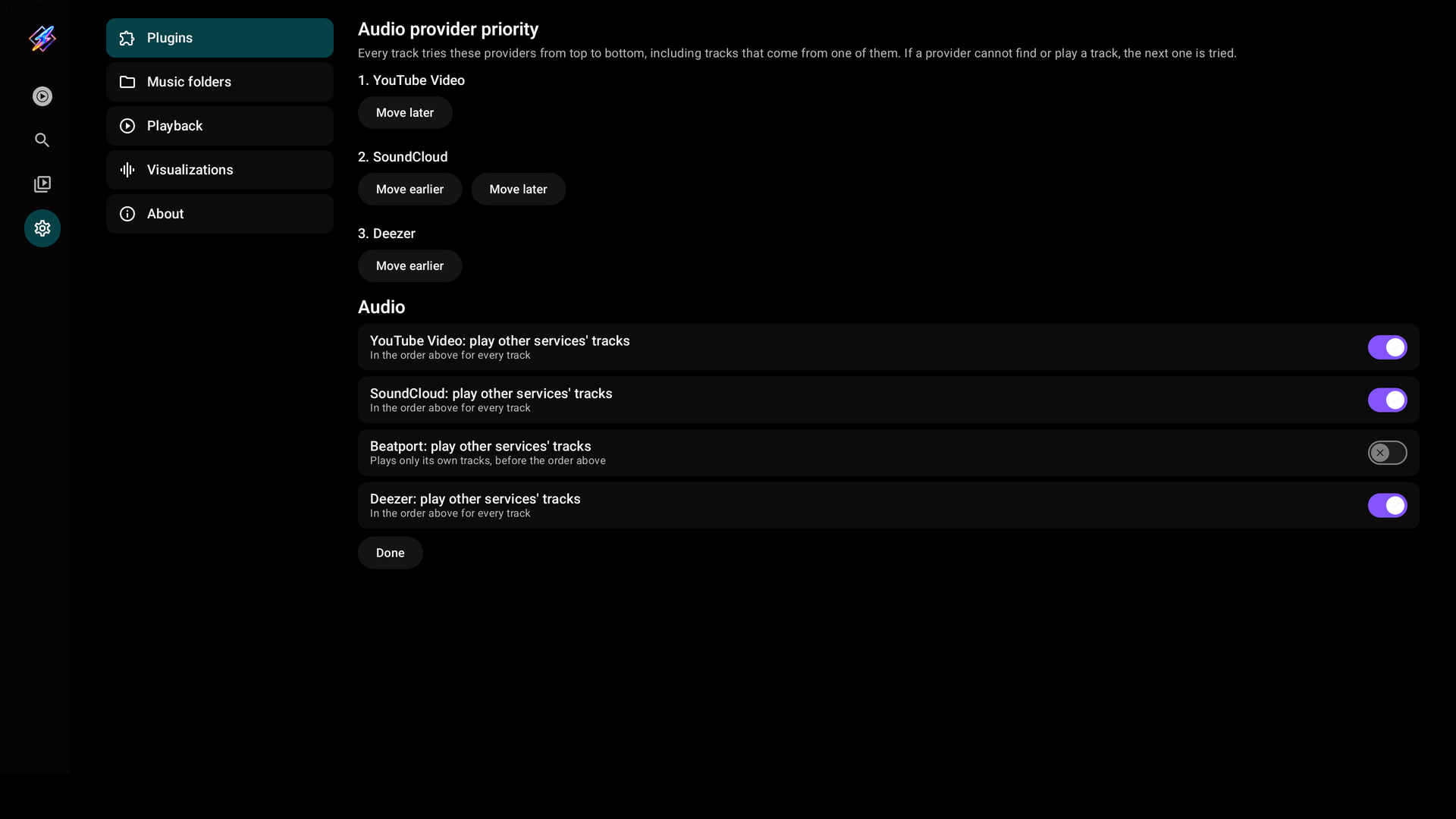 Audio provider priority with Move earlier, Move later and the play other services' tracks switches