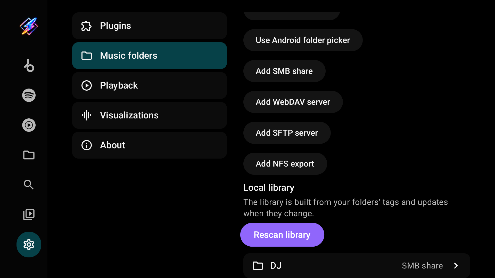 The Local library section with Rescan library, and the saved DJ SMB share