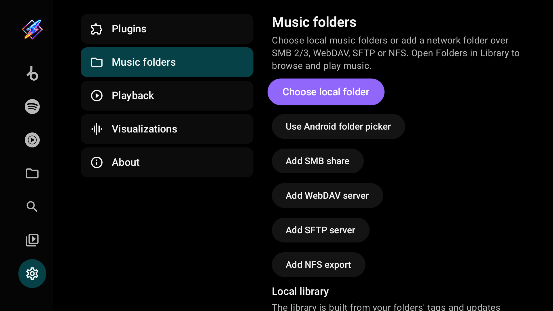 Settings → Music folders: Choose local folder, Android folder picker, and the SMB, WebDAV, SFTP and NFS actions
