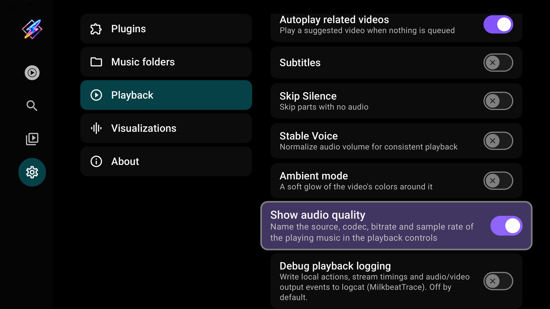 Settings → Playback with Show audio quality switched on below Ambient mode, and Debug playback logging