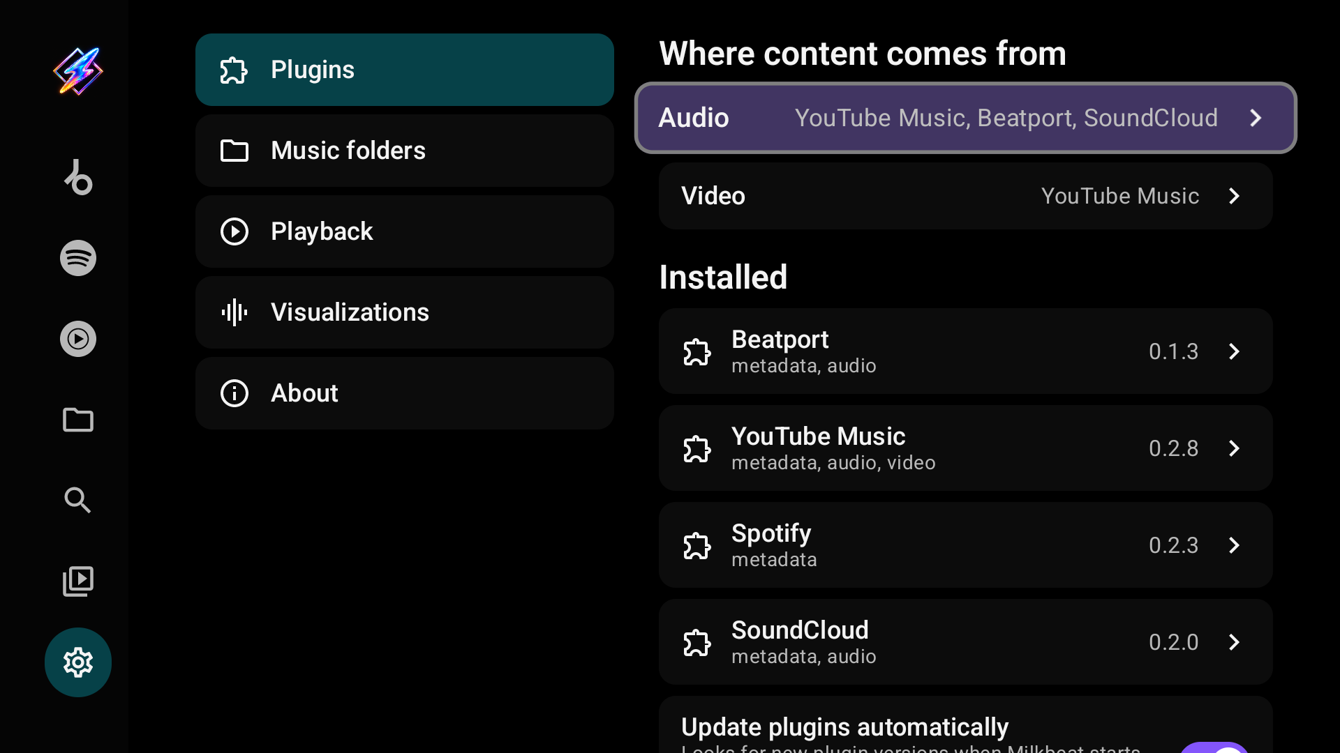 Settings → Plugins: where content comes from, the installed plugins and their capabilities