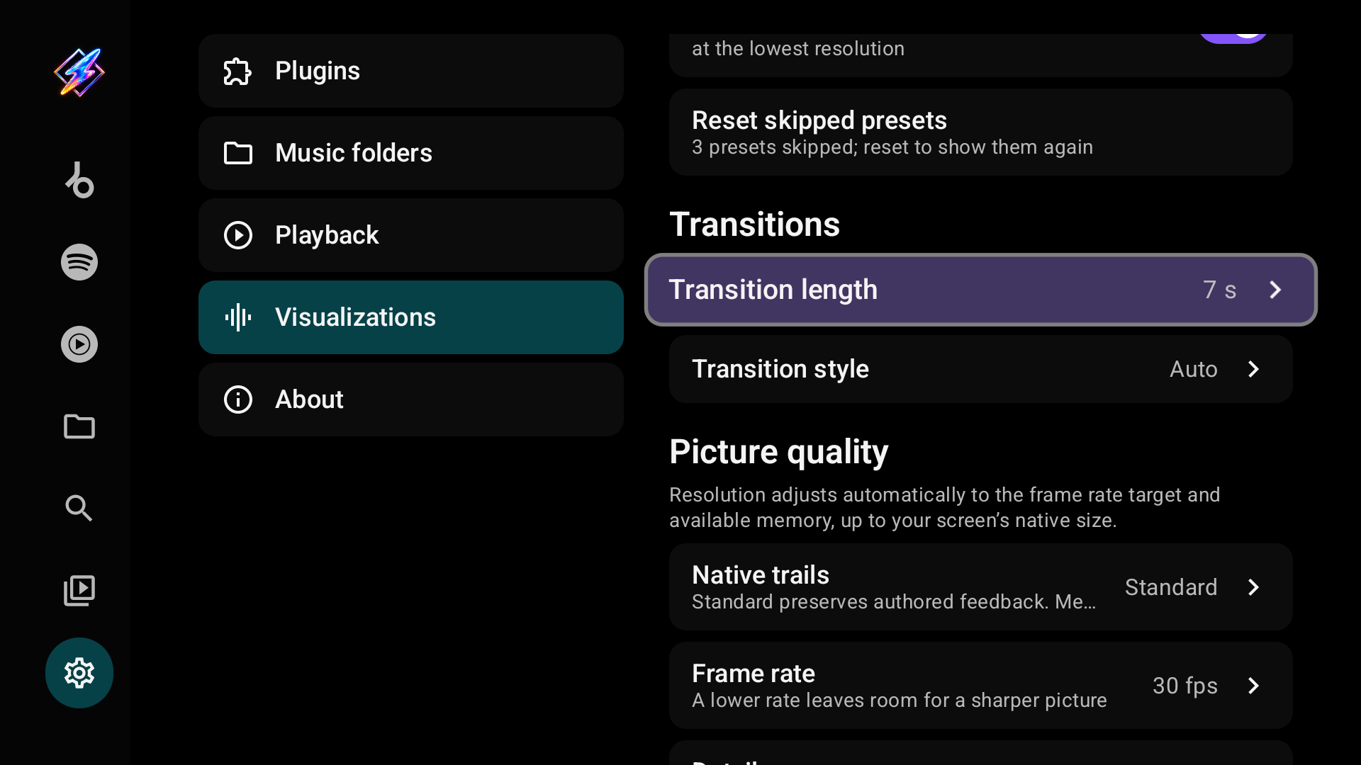 Transitions and Picture quality: Transition length, Transition style, Native trails, Frame rate and Detail