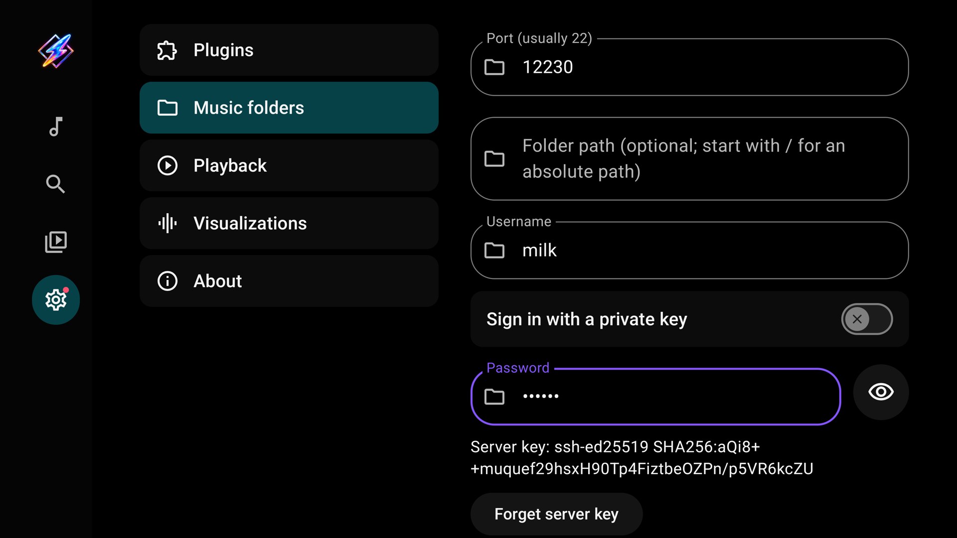 SFTP editor showing the server key fingerprint and Forget server key
