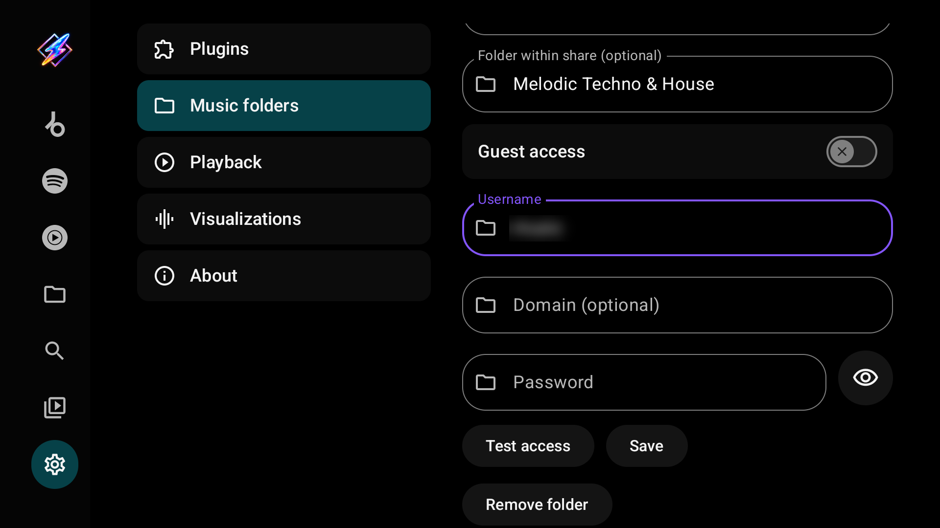 Guest access, username, domain, password, Test access, Save and Remove folder