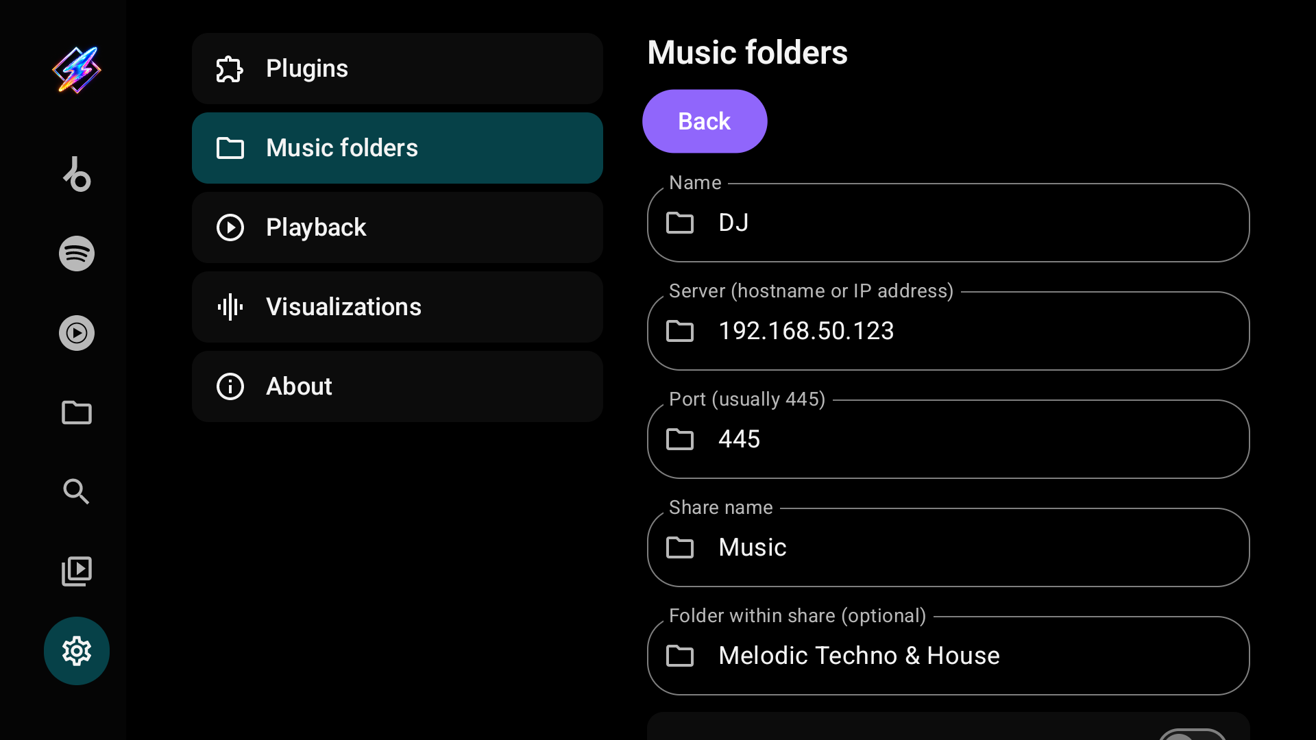 SMB name, server, port, share and folder-within-share fields