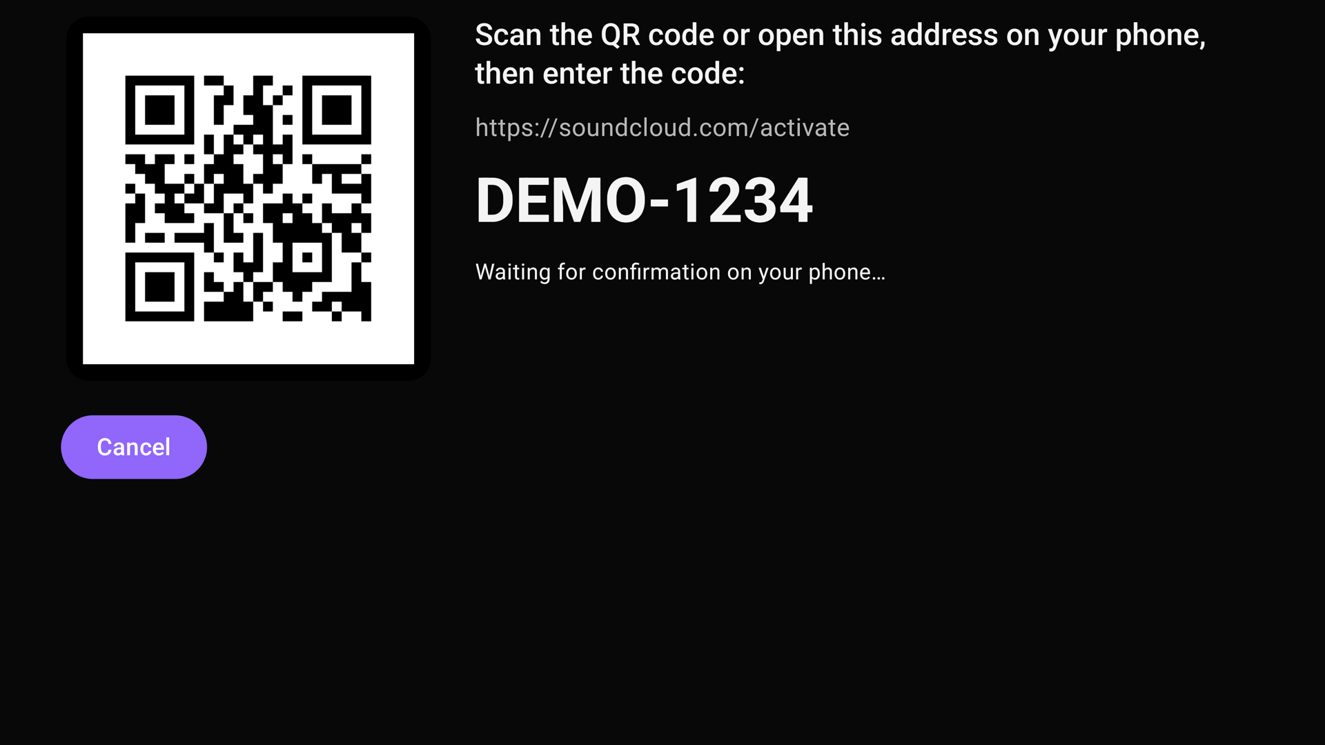 Example TV pairing screen with a fake demonstration code