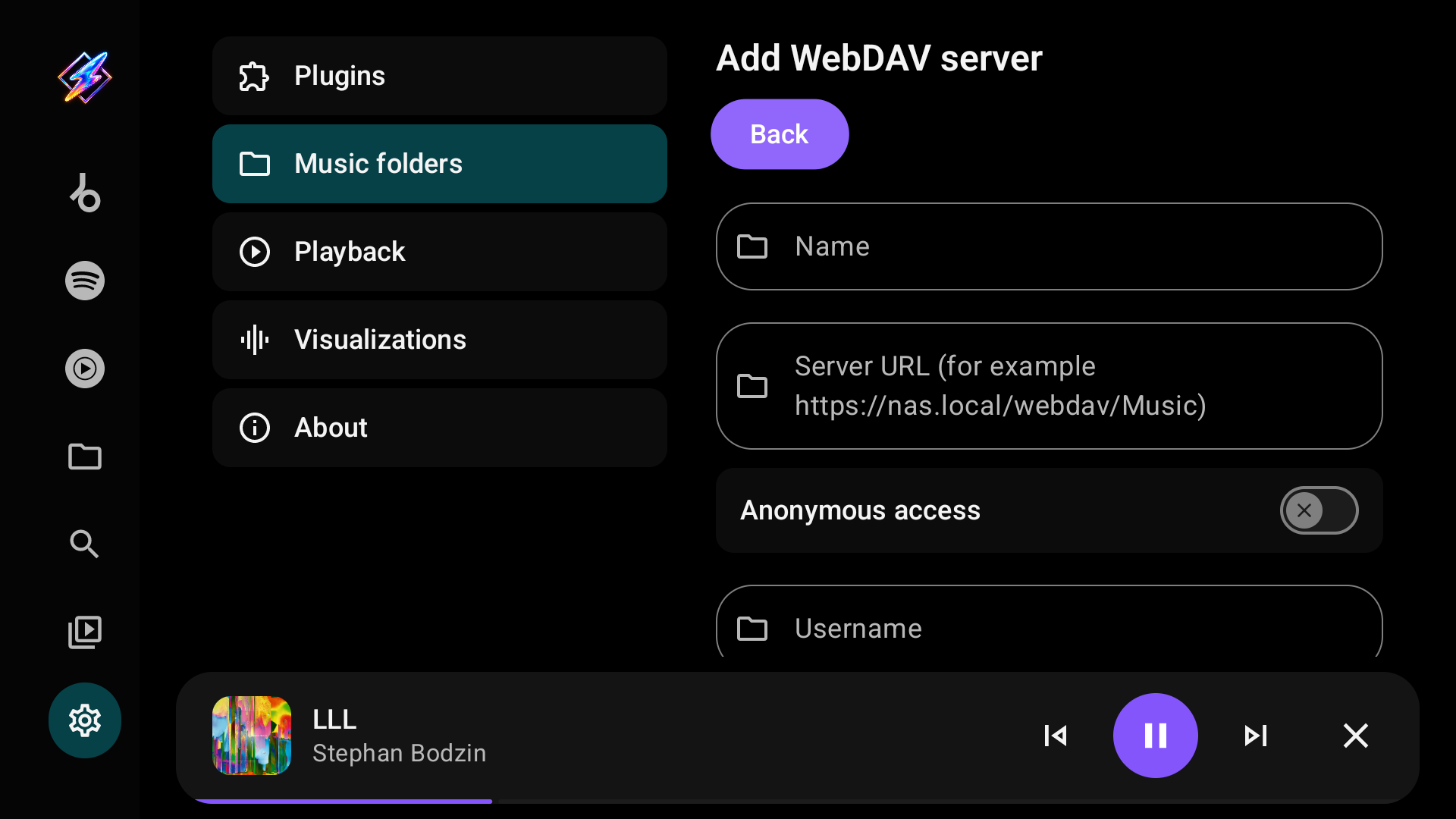 The WebDAV editor: Name, Server URL, Anonymous access and Username